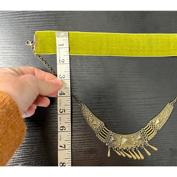 Handmade Upcycled Chartreuse Green Choker with Tribal Style Chain & Drop Beads - Picture 6 of 6